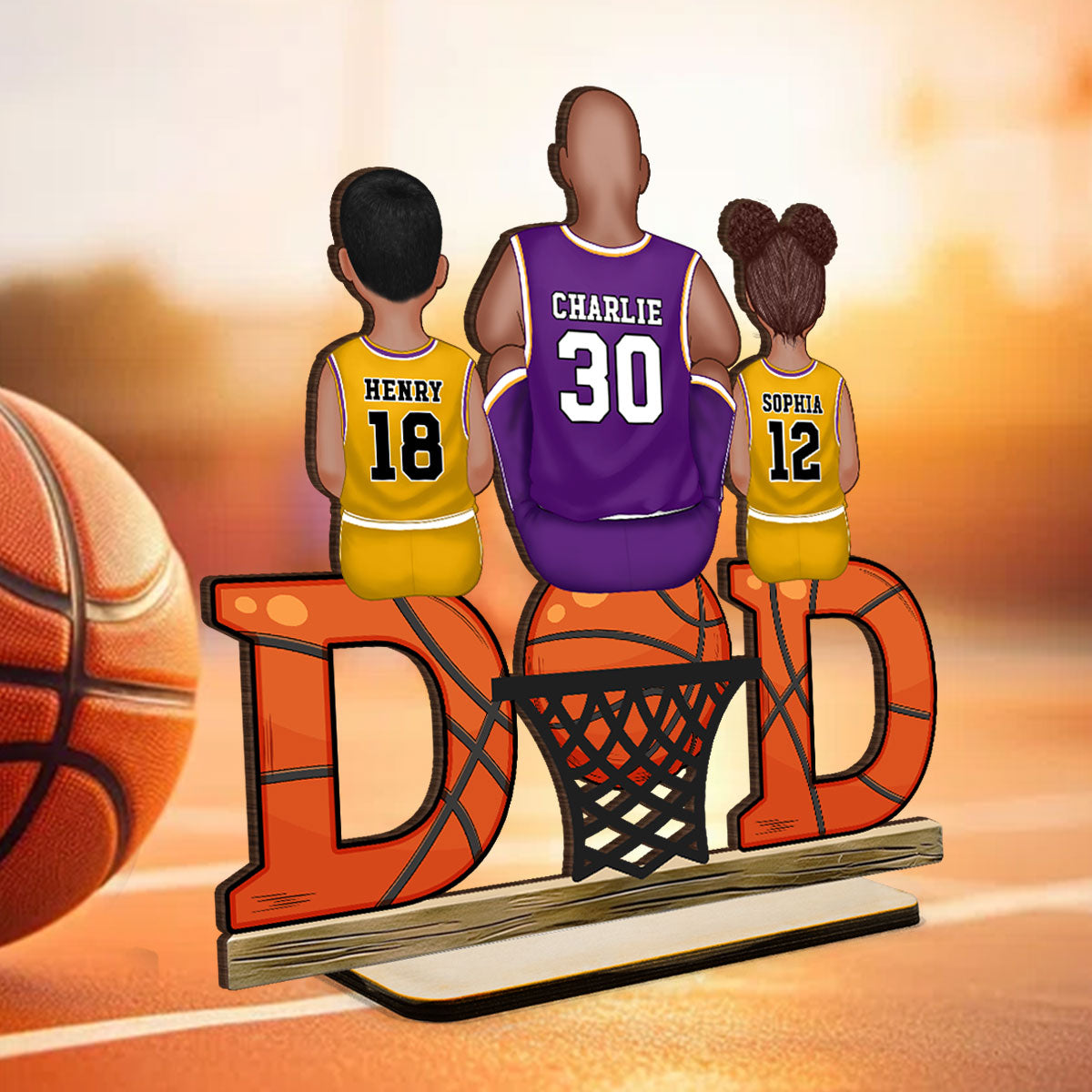 Basketball Dad & Kids Personalized 2-Layer Standing Wooden Plaque, Father’s Day Gift for Dads, Gift for Husband
