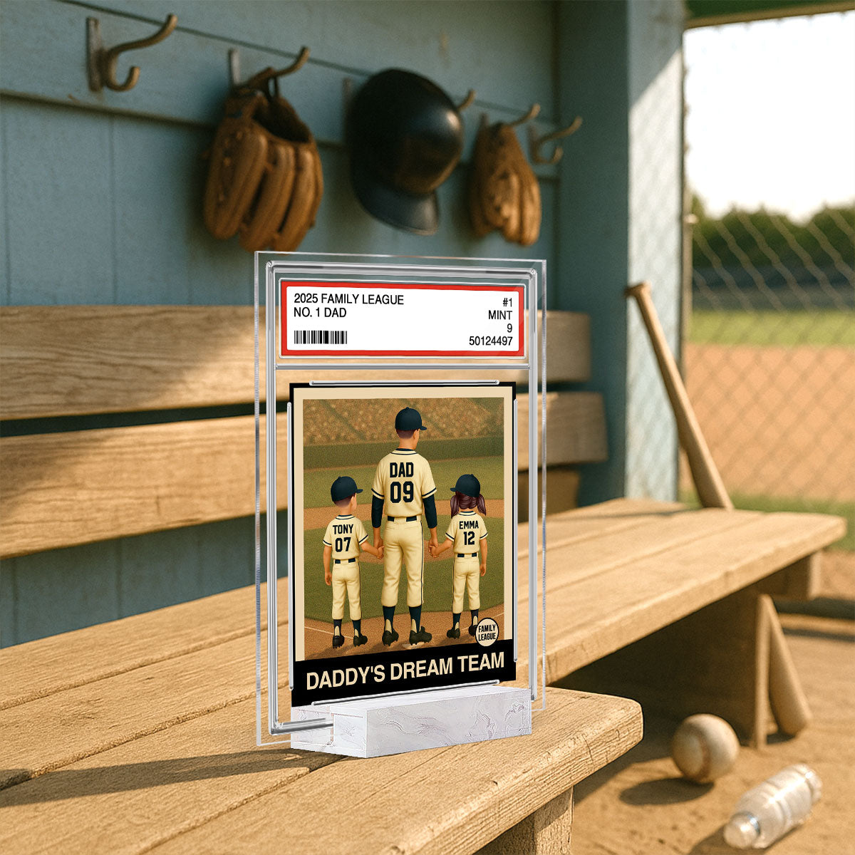 Baseball No. 1 Dad Man & Kids Trading Card Style Personalized Acrylic Plaque
