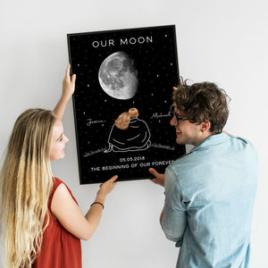 Couple Under Star Sky, Moon Phase Art Personalized Poster, Anniversary gift for him, for her