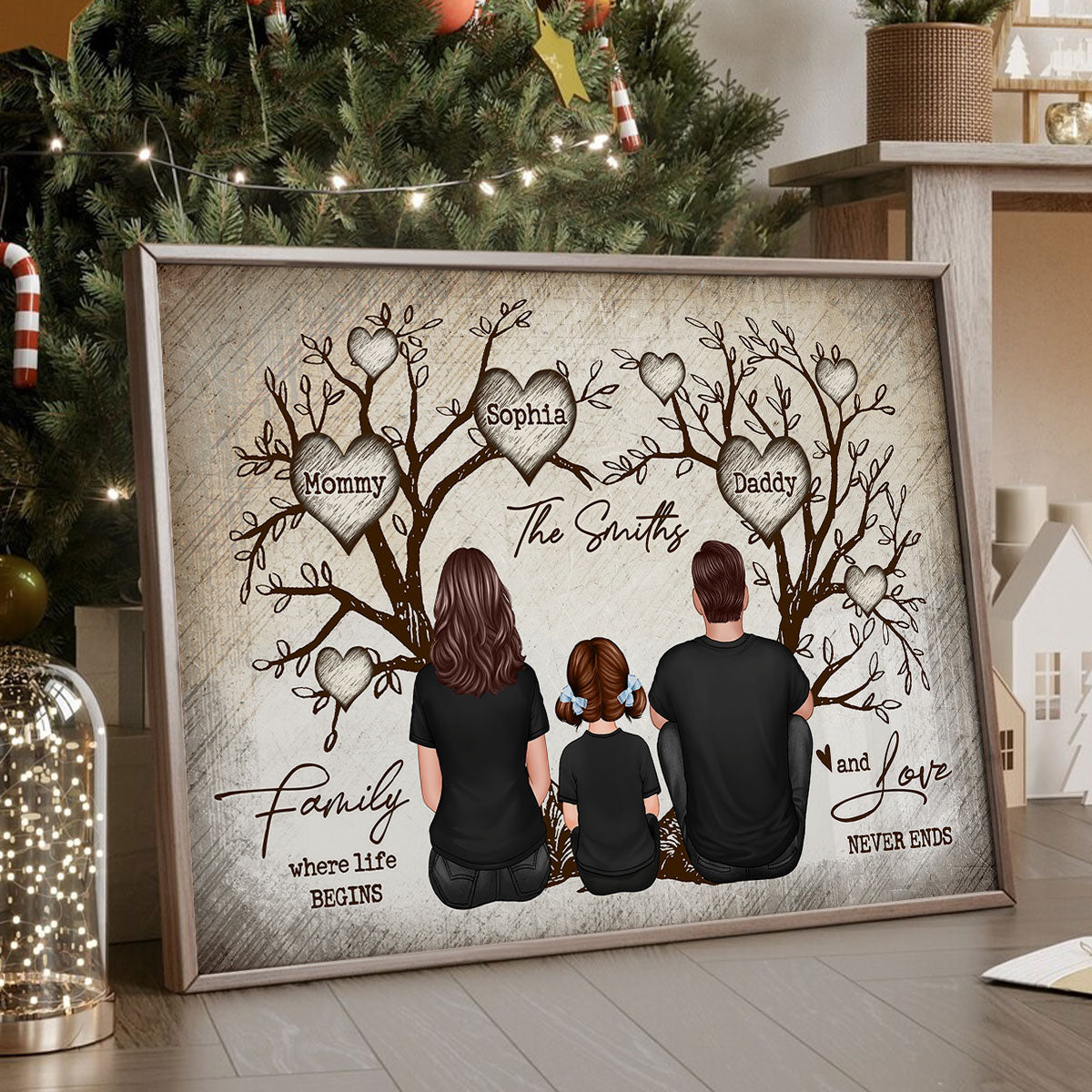 Family Heart Tree Sitting Personalized Poster, Home Decoration, Gift for Family