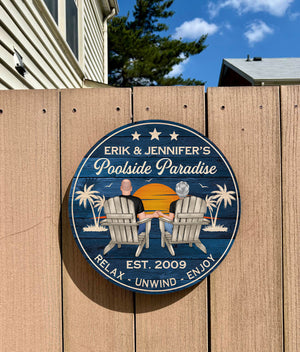 Poolside Paradise Couple Sitting Personalized Wood Sign, Summer Decor, Perfect for Bar, Pool Deck, Beach House, Backyard Walls