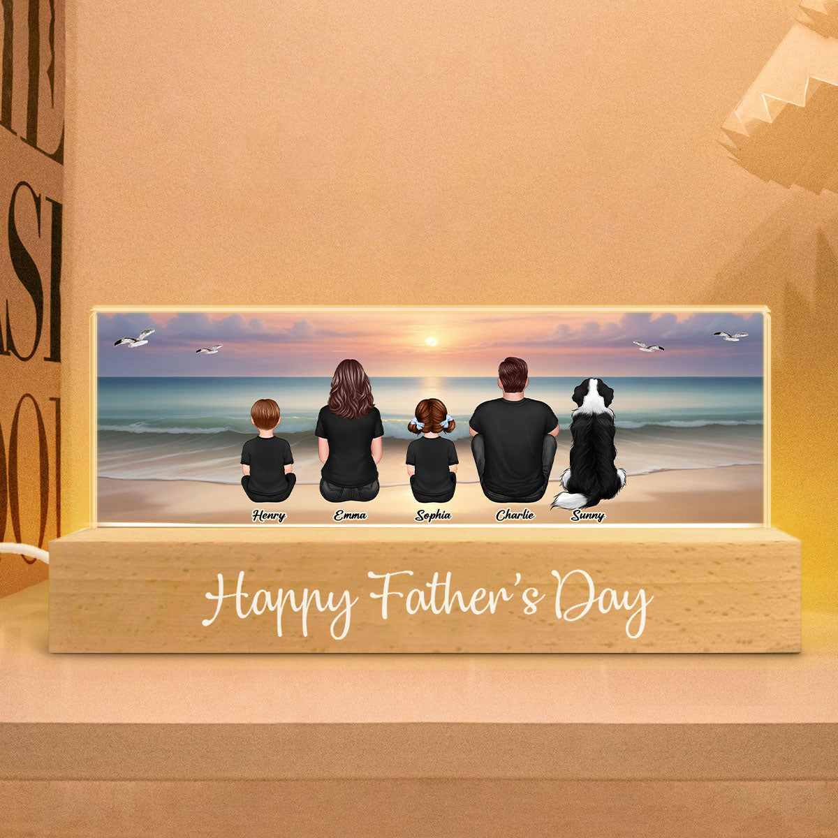 Eternal Family Love Beach Landscape Personalized Acrylic Block LED Night Light, Heartfelt Father's Day Gift For Dad