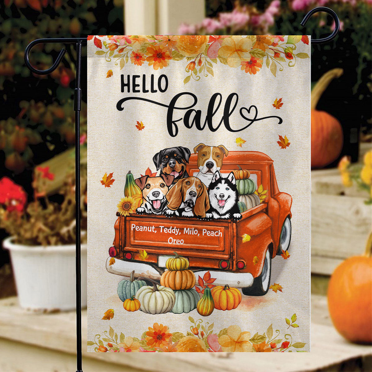 Hello Fall Dogs And Cats On Truck Personalized Garden Flag