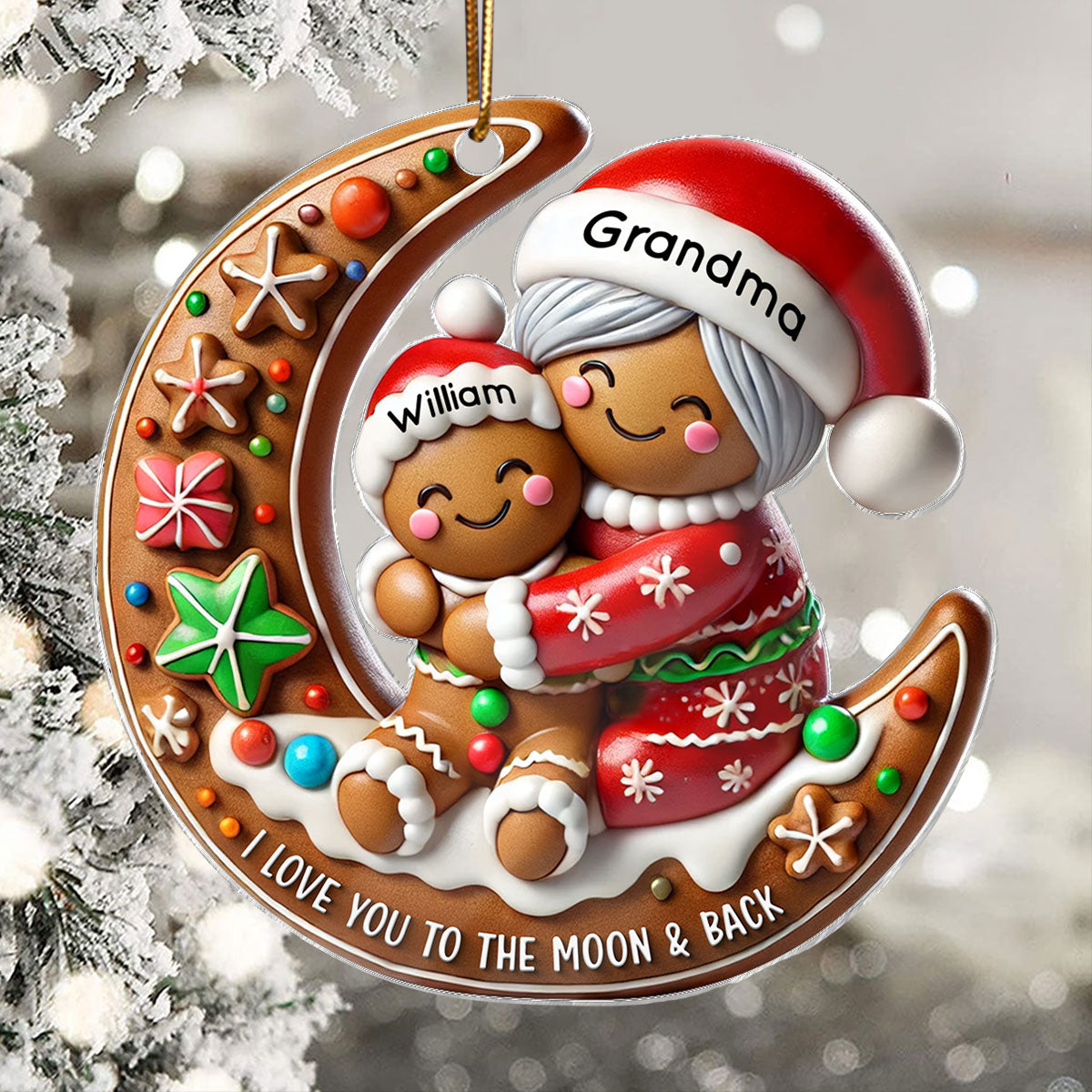 3D Effect Gingerbread Grandma Hugging Grandkid On Moon Christmas Personalized Acrylic Ornament, Meaningful Gift For Granddaughter, Grandson