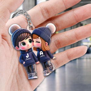 3D Effect Cute Cartoon Couple Walking Personalized Acrylic Keychain,  Gift for Him, Gift for Her