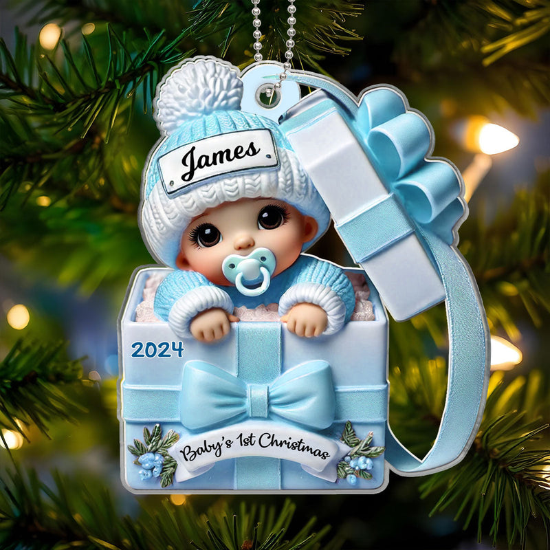 Baby Inside Gift Box 3D Effect Personalized Acrylic Ornament, Lovely Keepsake to Celebrate Little Miracle, Christmas in July