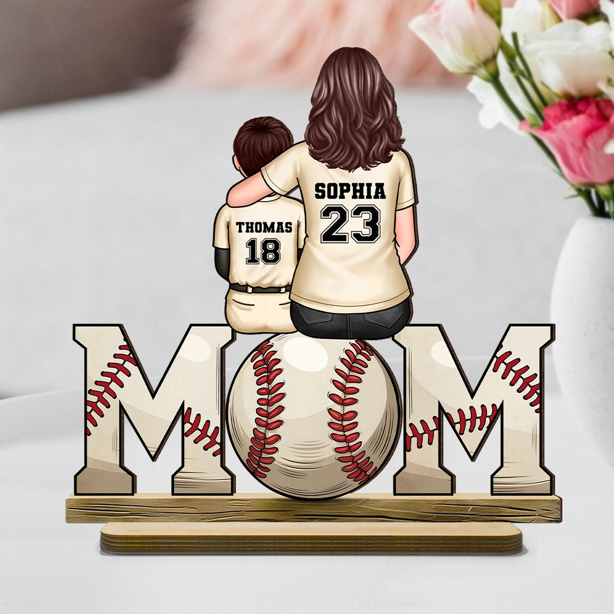 Baseball, Softball Mom And Kids Personalized Standing Wooden Plaque, Gift For Wife, Gift For Mom