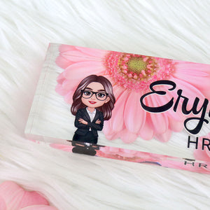 Daisy Flowers Woman Man Office Personalized Acrylic Desk Name Plate, Office Desk Decor, Gift For Colleagues, Coworkers, Boss