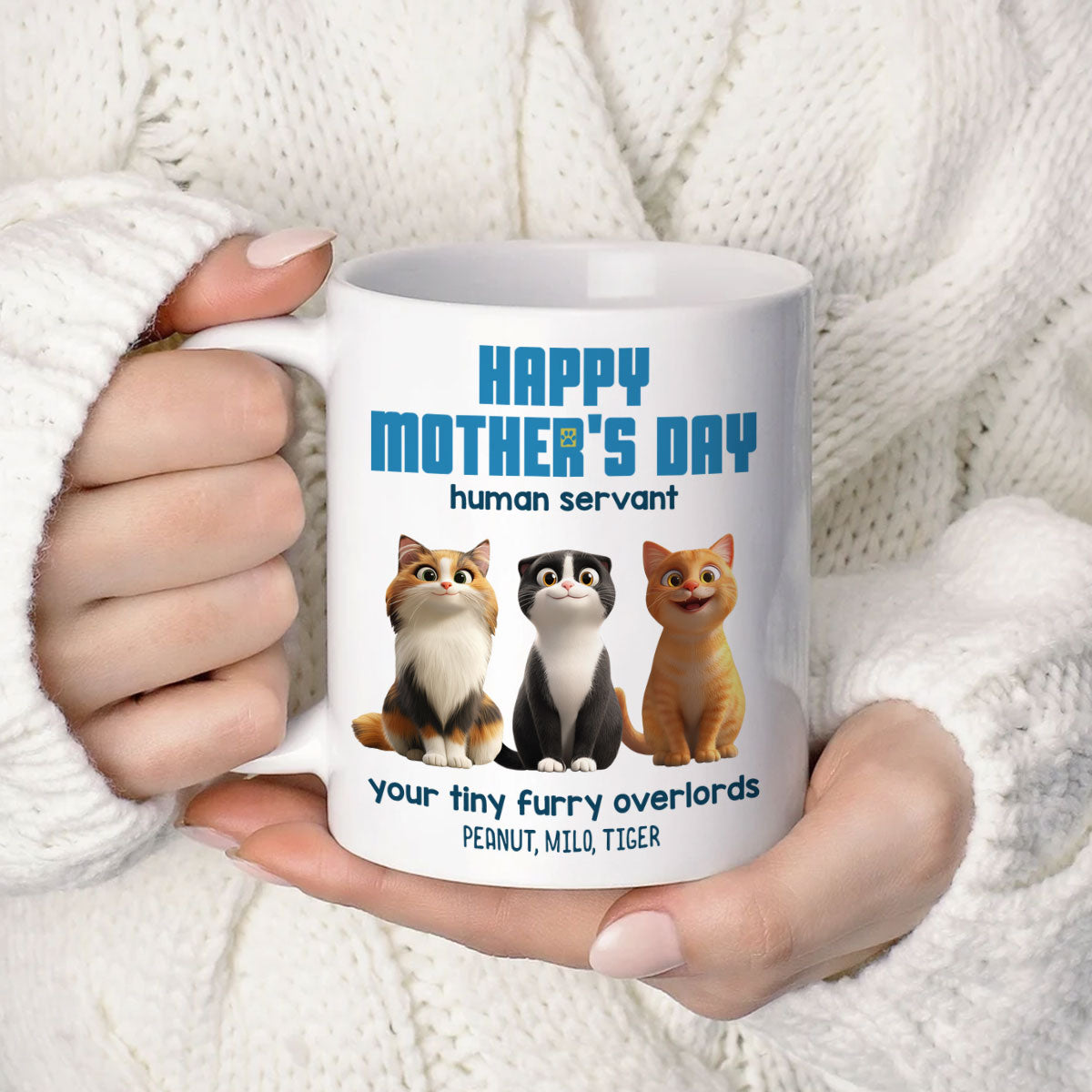 Happy Mother's Day Human Servant Personalized Mug, Cute Cartoon Cats, Unique Gift for Cat Moms
