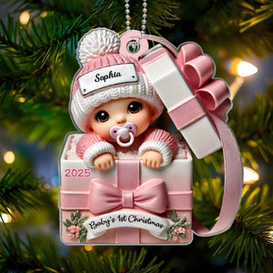 Baby Inside Gift Box 3D Effect Personalized Acrylic Ornament, Lovely Keepsake to Celebrate Little Miracle, Christmas in July