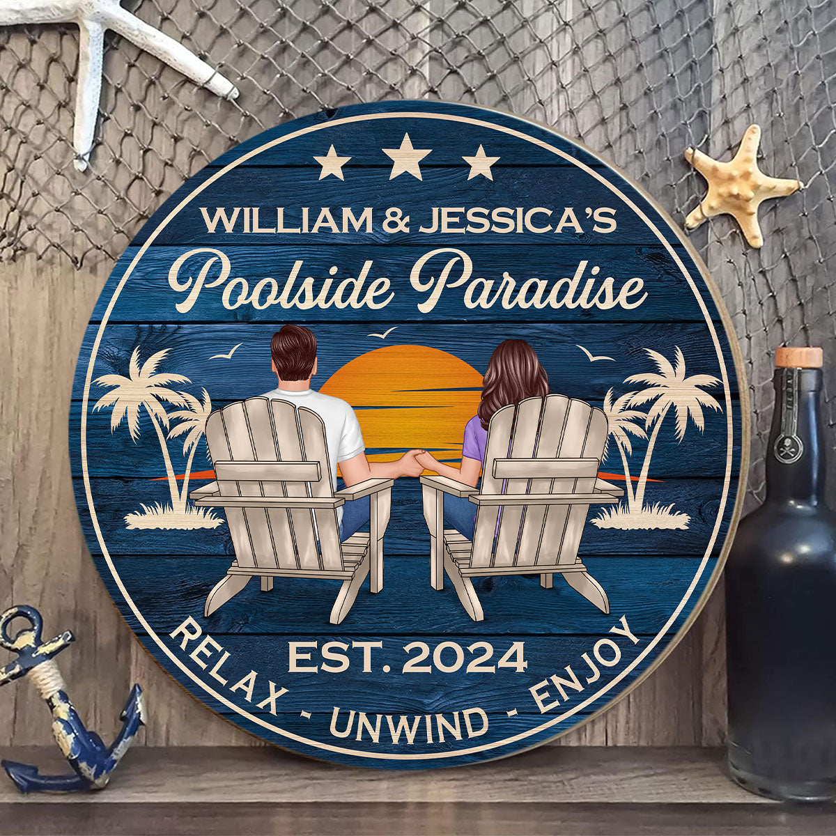 Poolside Paradise Couple Sitting Personalized Wood Sign, Summer Decor, Perfect for Bar, Pool Deck, Beach House, Backyard Walls