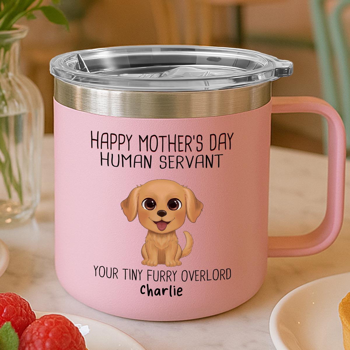 Happy Mother's Day Human Servant Personalized Stainless Steel Tumbler With Handle, Funny Gift For Dog Lovers