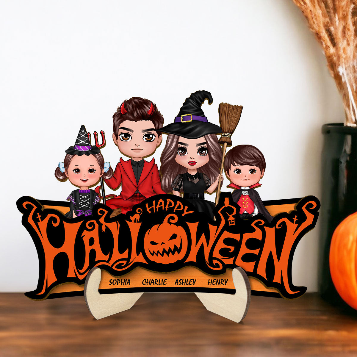 Happy Halloween Jack O Lantern Spooky, Family Sitting Personalized 2-Layered Wooden Plaque, Halloween Decor