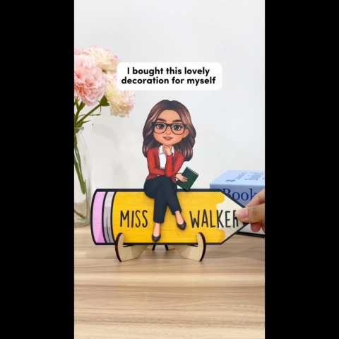 Doll Teacher Sitting On Pencil Personalized 2-Layer Wooden Plaque, Office Decor for Teacher,  Gift for Teacher, Teacher Appreciation Gift