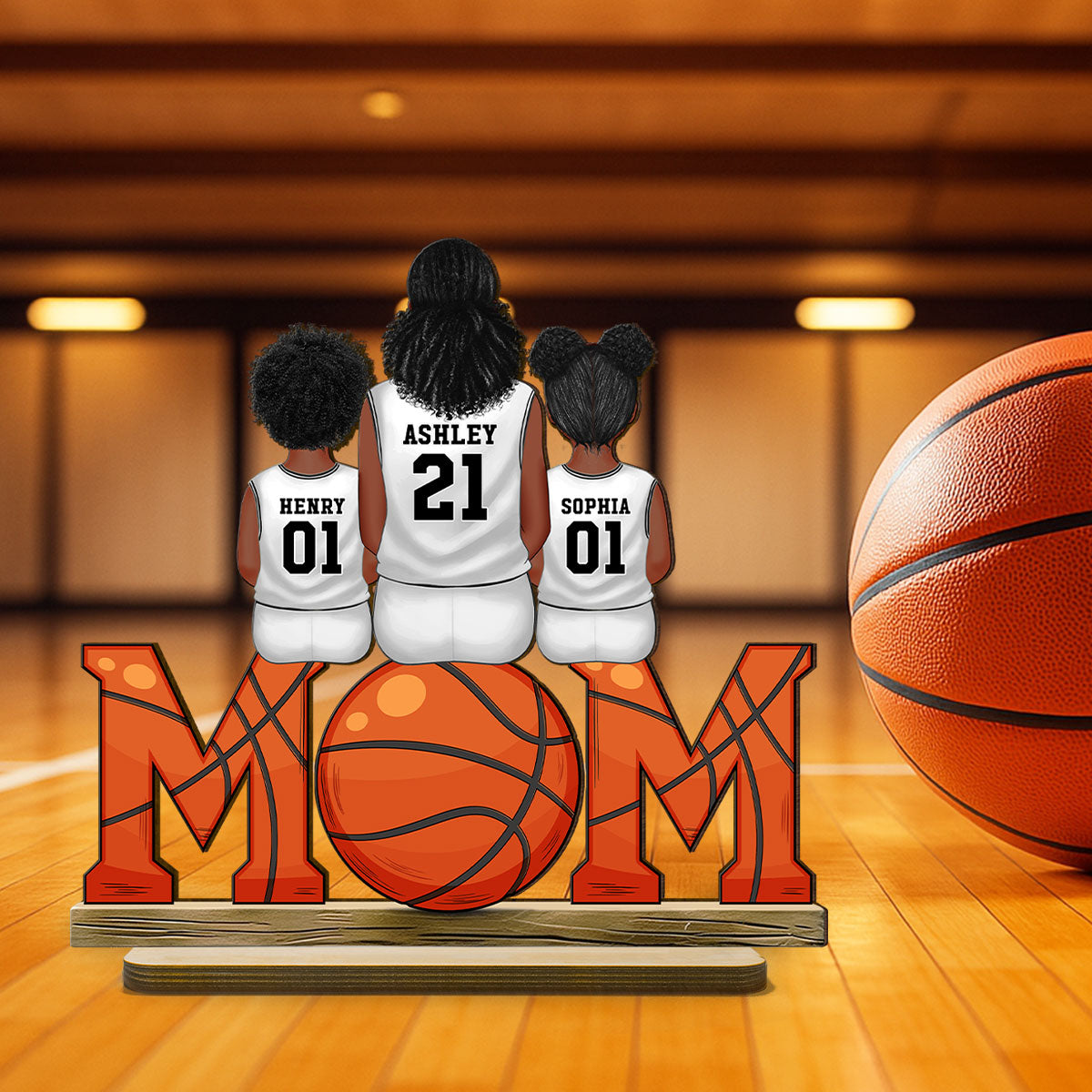 Basketball Mom And Kids Personalized Standing Wooden Plaque, Gift for Mom, Gift for Wife