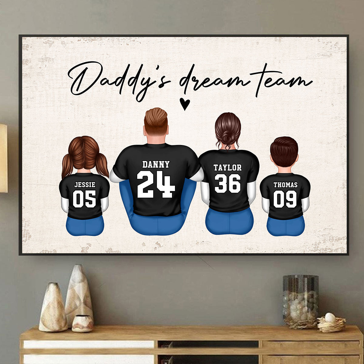 Daddy's Team Football Family Sitting Back View Personalized Poster, Father's Day Gift