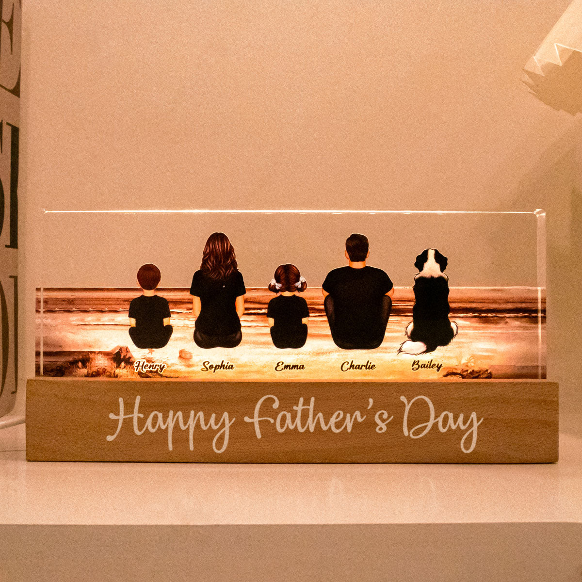 Family Sitting Retro Vintage Beach Landscape Acrylic LED Night Light, Father's Day Gift for Husband, Gift For Dad
