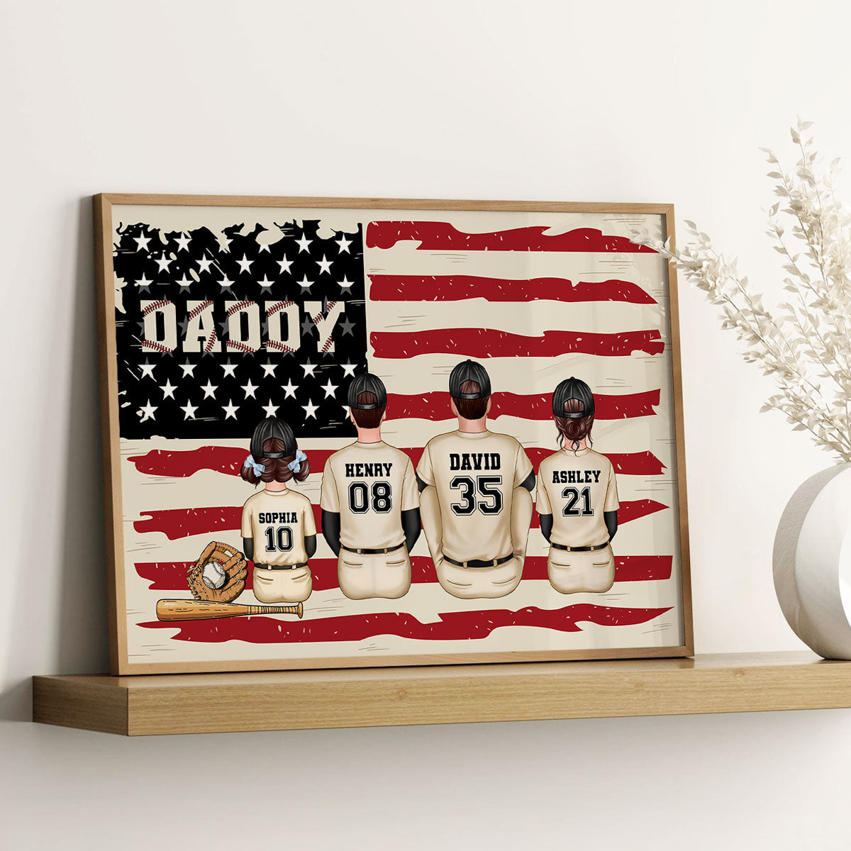 Baseball Dad And Kids Retro Nation Flag Personalized Poster, Father's Day Gift for Husband, Gift for Dad