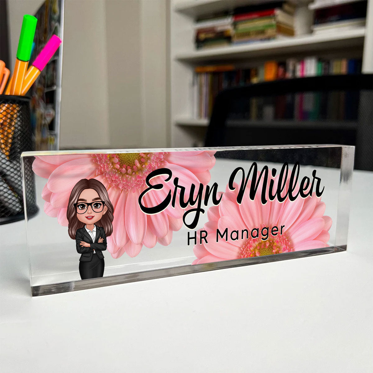 Daisy Flowers Woman Man Office Personalized Acrylic Desk Name Plate, Office Desk Decor, Gift For Colleagues, Coworkers, Boss