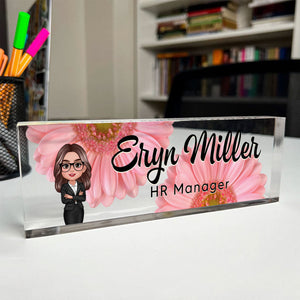 Daisy Flowers Woman Man Office Personalized Acrylic Desk Name Plate, Office Desk Decor, Gift For Colleagues, Coworkers, Boss
