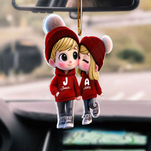 3D Effect Cute Cartoon Couple Walking Personalized Car Ornament, Perfect Gift for him, Gift for her