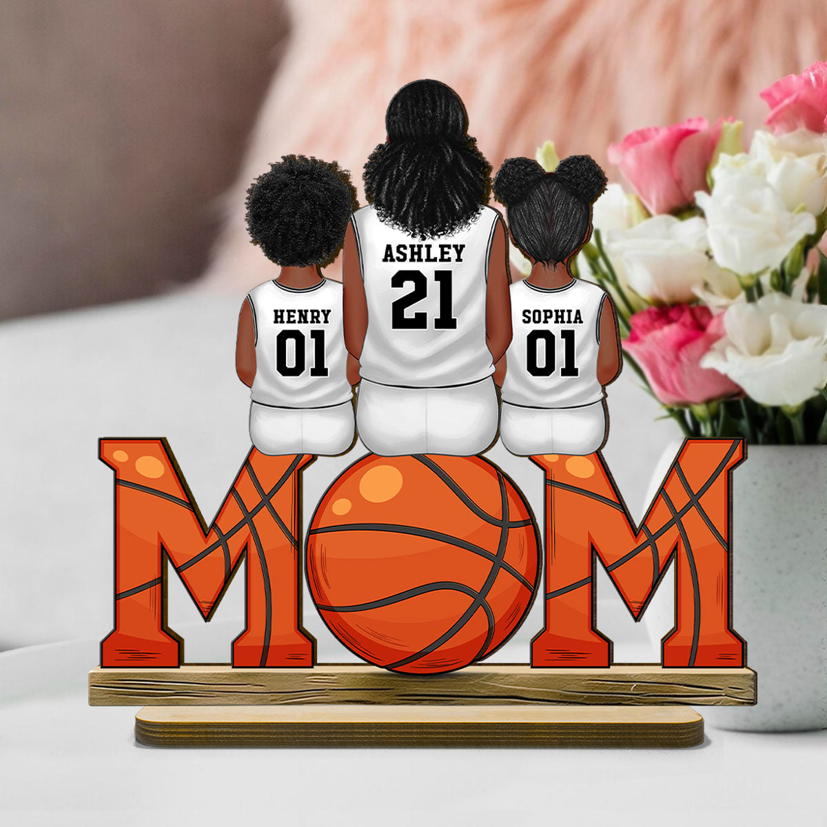 Basketball Mom And Kids Personalized Standing Wooden Plaque, Gift for Mom, Gift for Wife