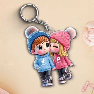 3D Effect Cute Cartoon Couple Walking Personalized Acrylic Keychain,  Gift for Him, Gift for Her