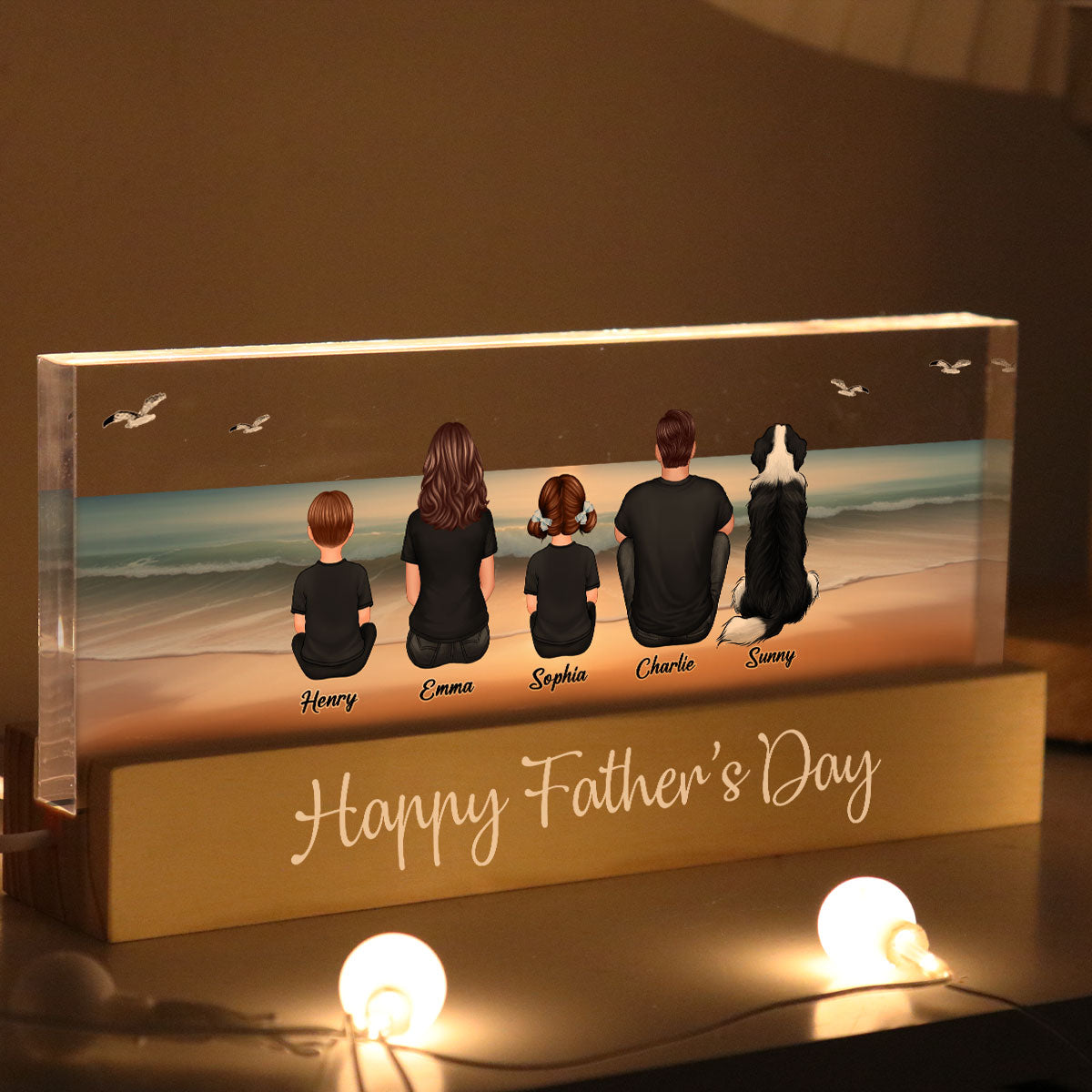 Eternal Family Love Beach Landscape Personalized Acrylic Block LED Night Light, Heartfelt Father's Day Gift For Dad