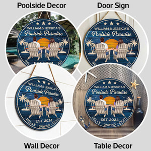 Poolside Paradise Couple Sitting Personalized Wood Sign, Summer Decor, Perfect for Bar, Pool Deck, Beach House, Backyard Walls
