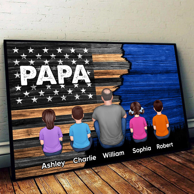 Dad Grandpa Papa Back View Sitting With Kids Half Nation Flag Personalized Horizontal Poster
