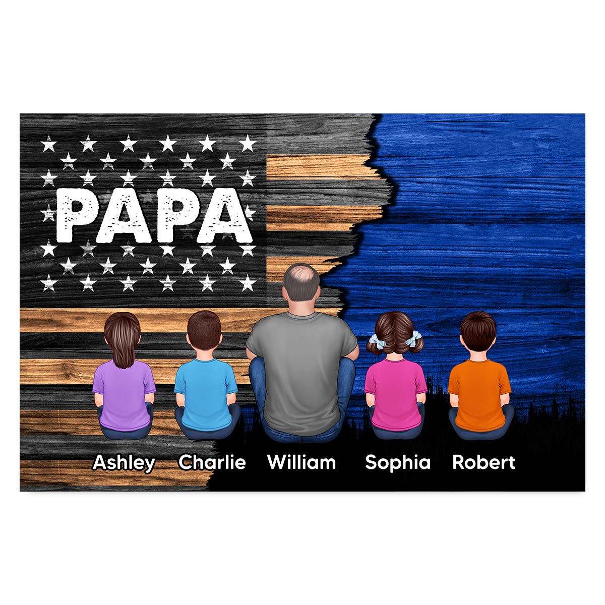 Dad Grandpa Papa Back View Sitting With Kids Half Nation Flag Personalized Horizontal Poster