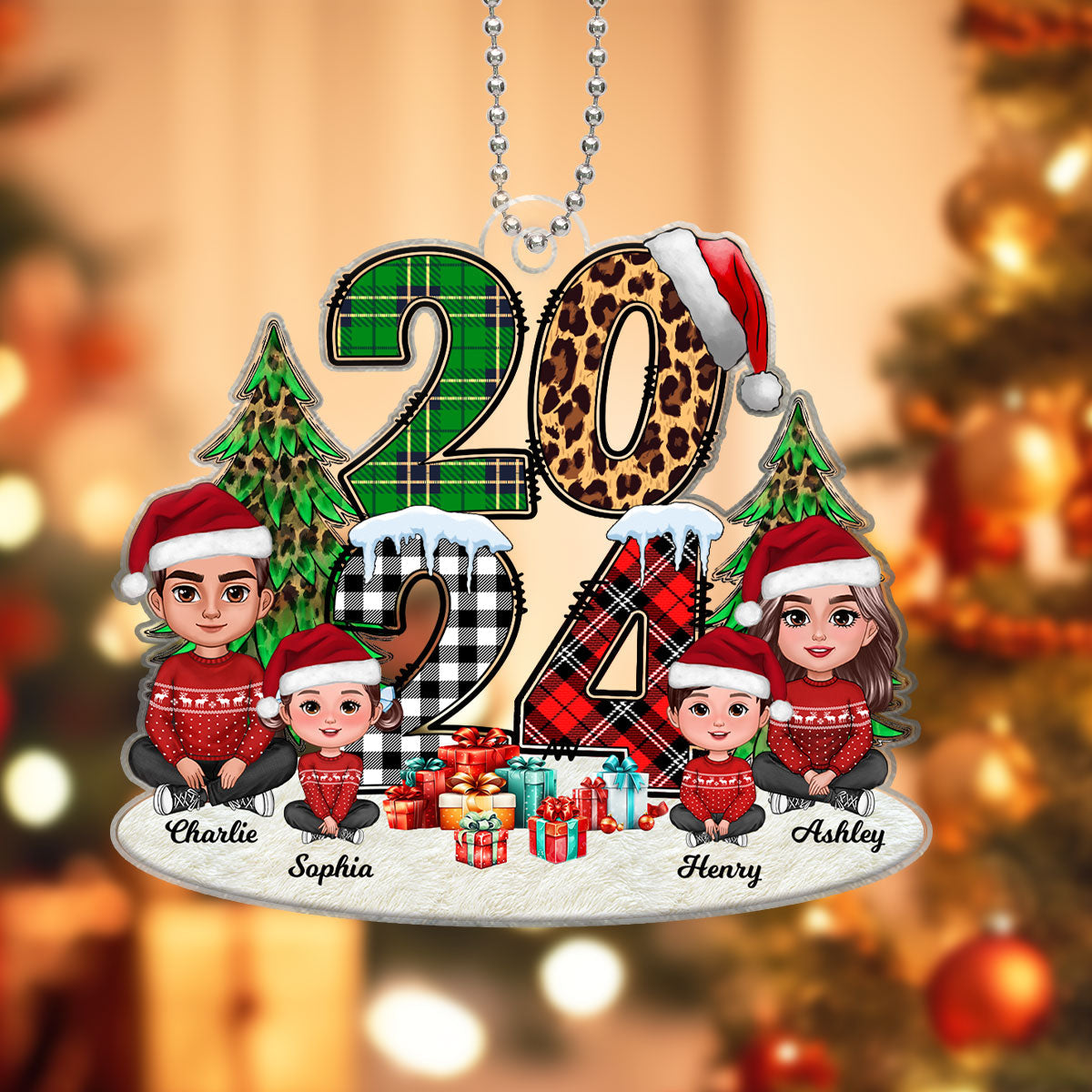 Christmas Family Sitting 2024 Stacked Pattern Personalized Acrylic Ornament