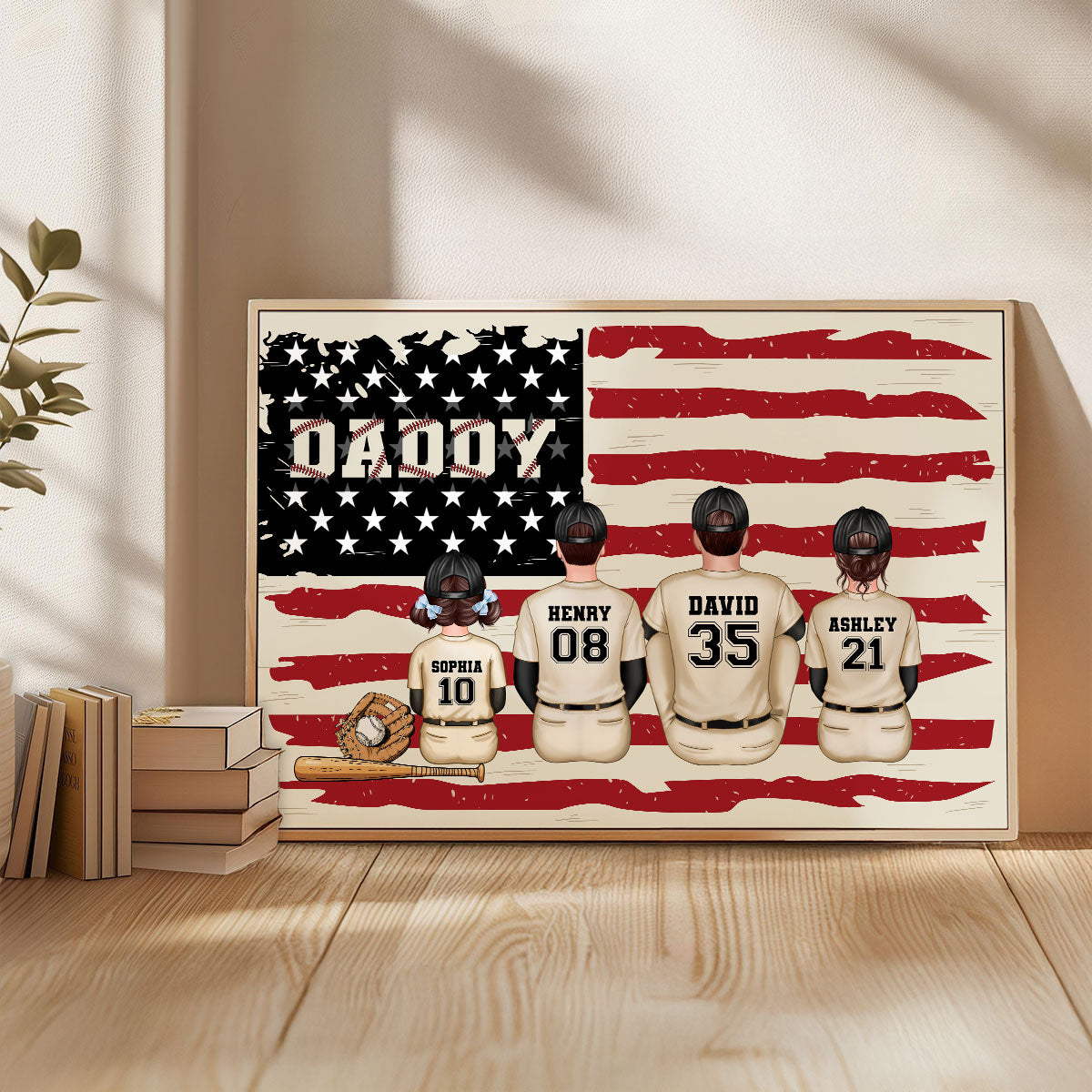 Baseball Dad And Kids Retro Nation Flag Personalized Poster, Father's Day Gift for Husband, Gift for Dad