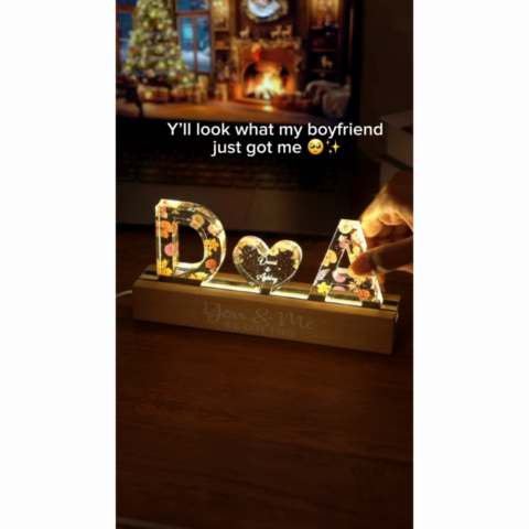 Couple Initials Floral Theme Personalized Acrylic Block LED Night Light, Heartfelt Gift For Her, For Wife