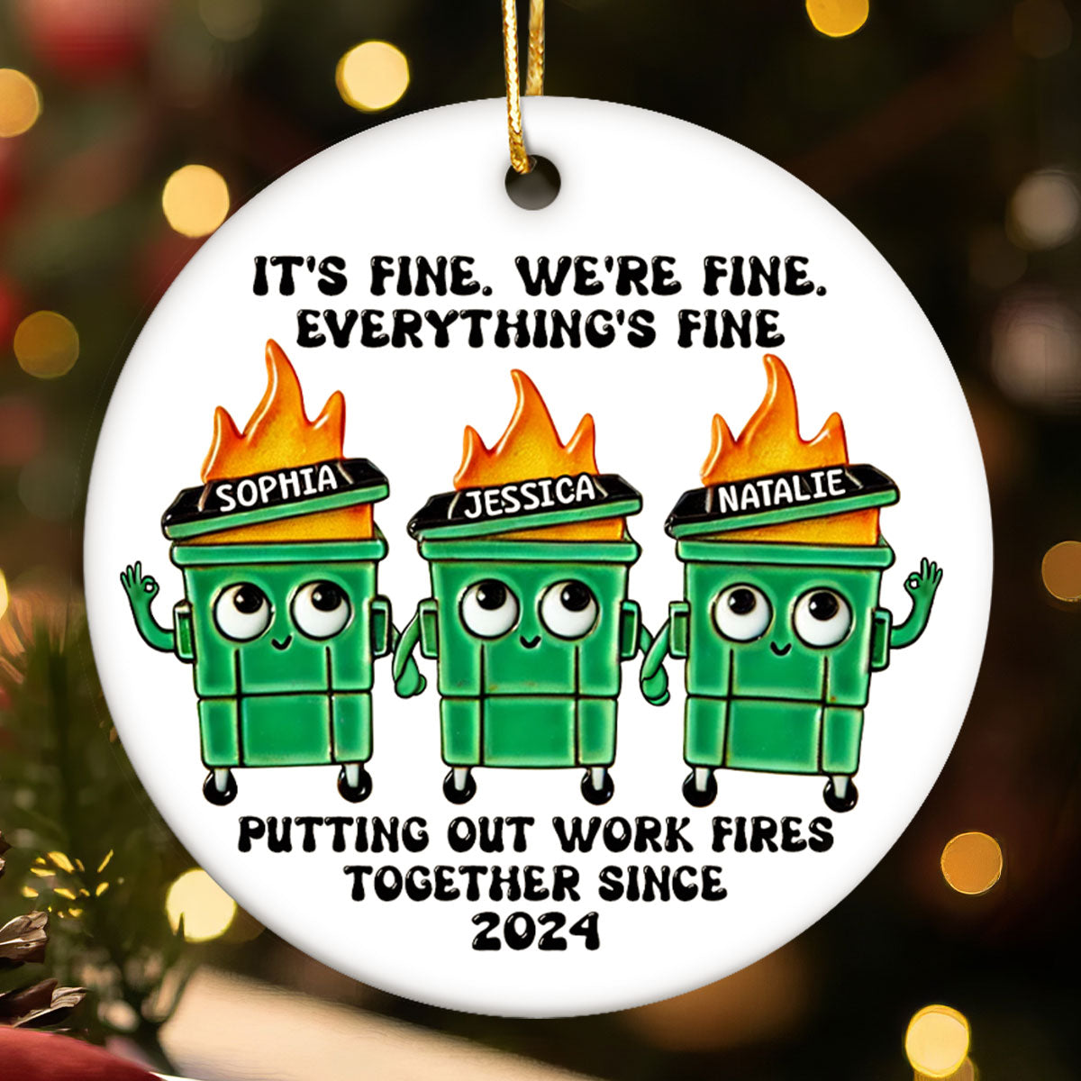 Putting Out Work Fires Together Work Bestie Dumpster Fire Funny Gift For Colleagues Personalized Ceramic Ornament