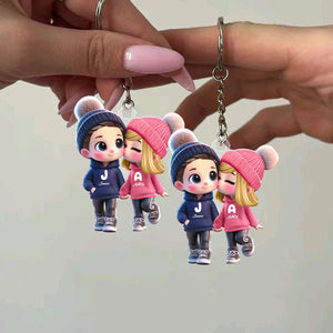 3D Effect Cute Cartoon Couple Walking Personalized Acrylic Keychain,  Gift for Him, Gift for Her