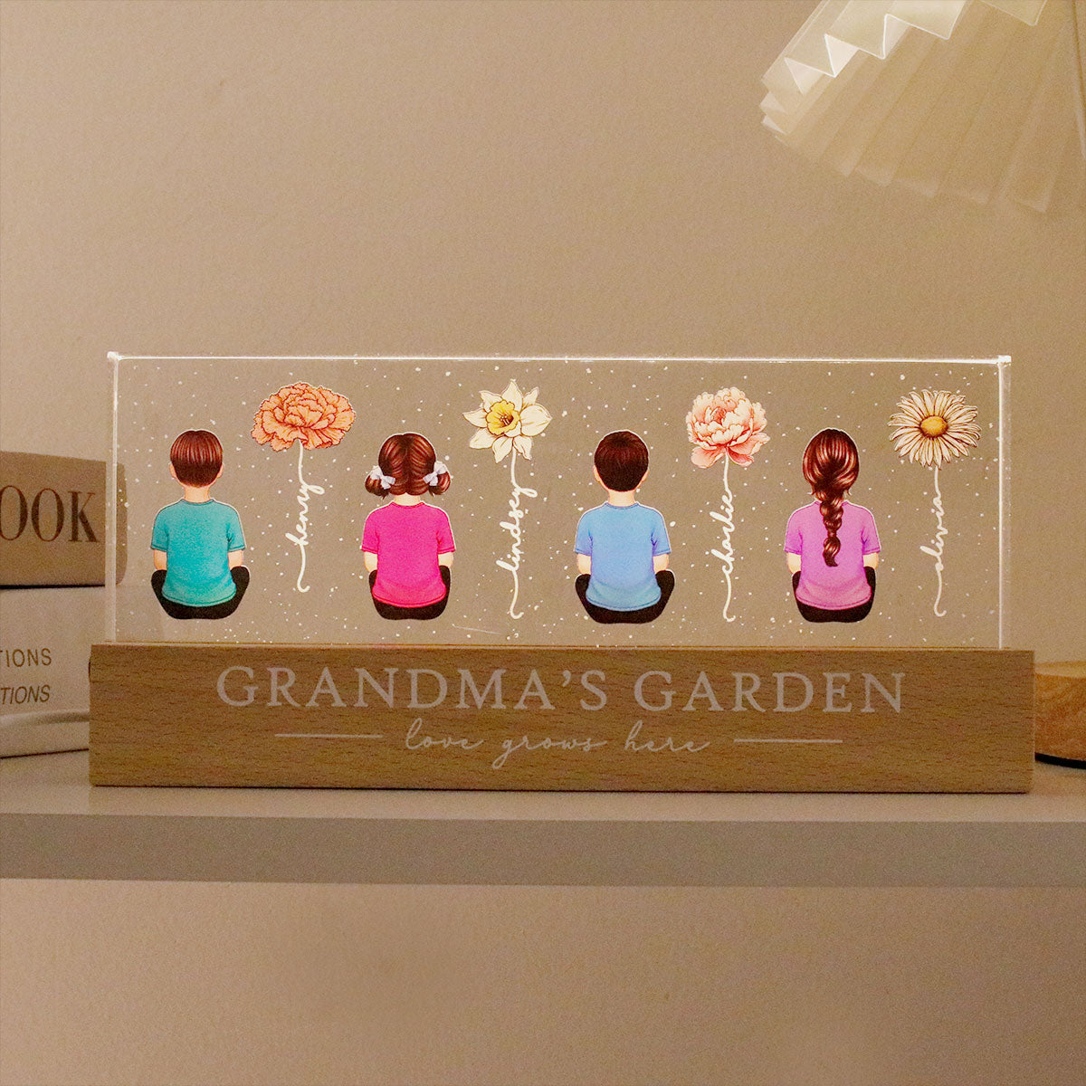 Vintage Birth Month Flowers Grandma's Garden Personalized LED Night Light, Gift For Grandma Mom
