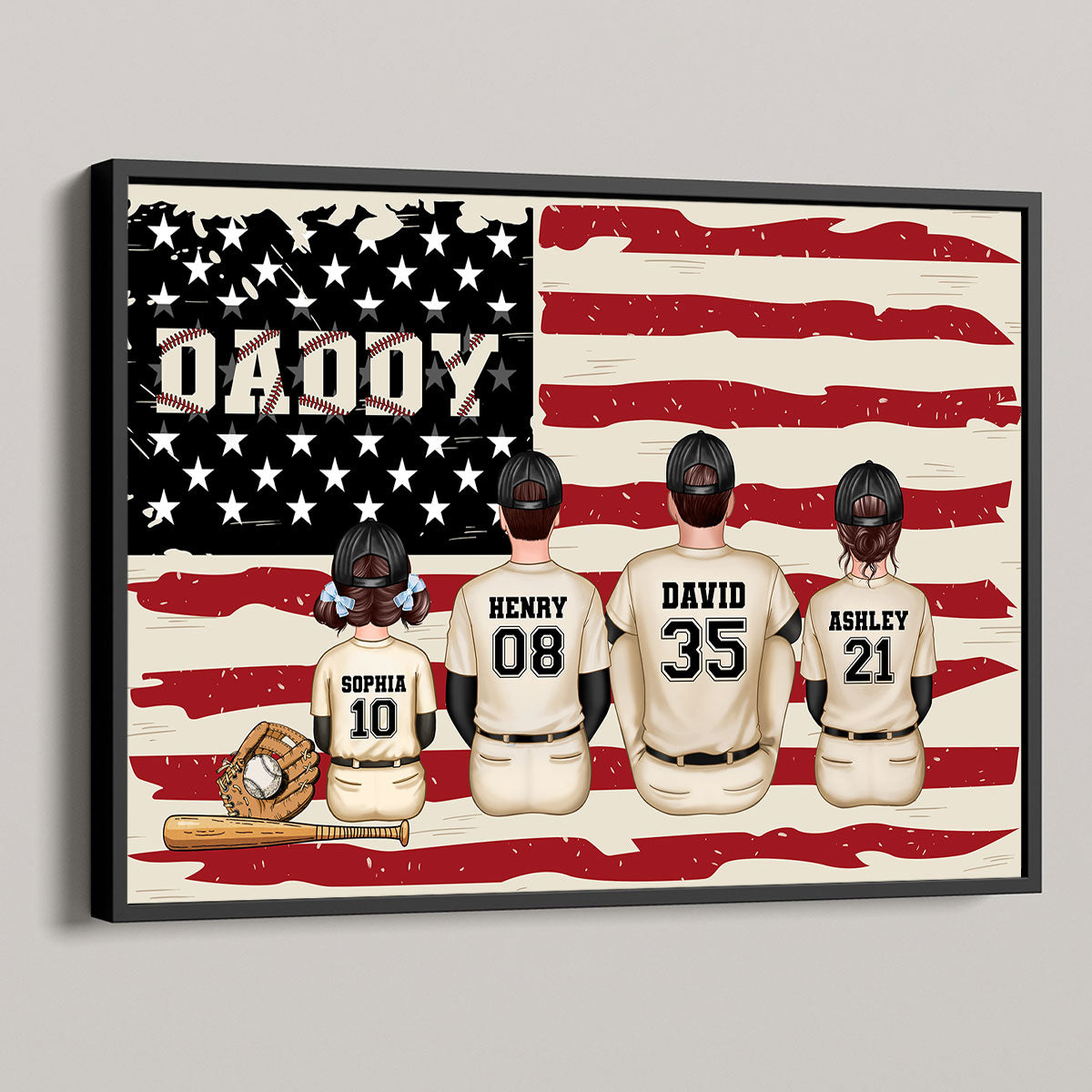 Baseball Dad And Kids Retro Nation Flag Personalized Poster, Father's Day Gift for Husband, Gift for Dad