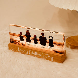 Family Sitting Back View Retro Vintage Beach Landscape Acrylic LED Night Light, Gift for Mom, Gift for Grandma, Gift for Wife