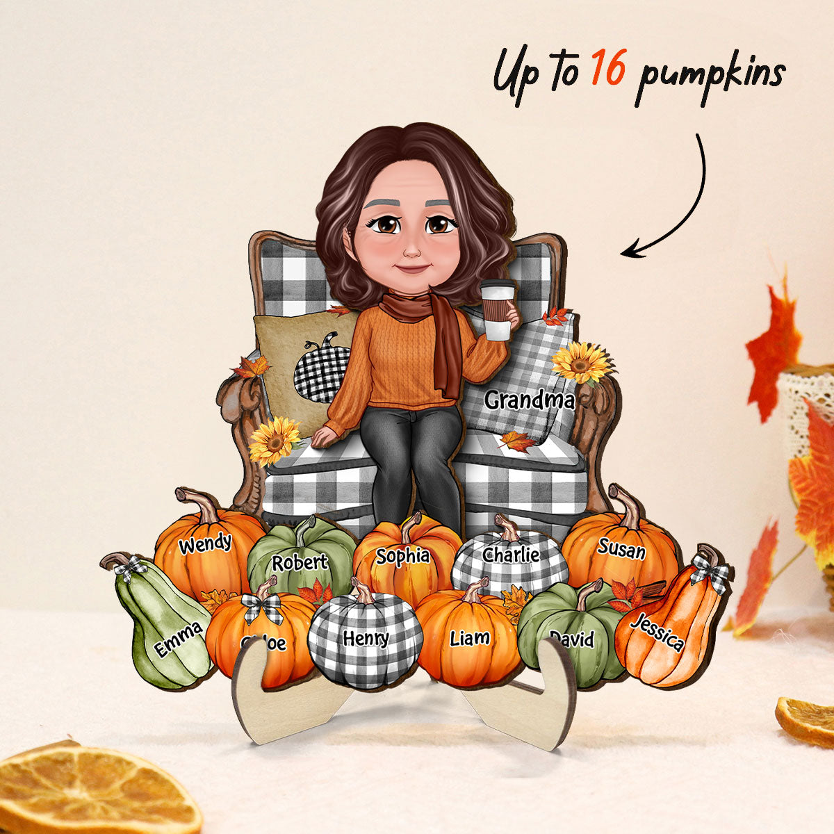 Grandma Sitting On Chair Pumpkins Personalized 2-Layer Wooden Plaque, Fall Season Decor