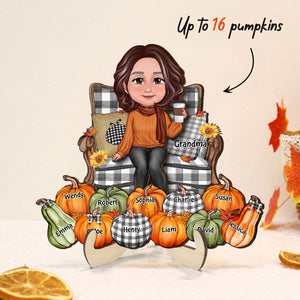 Grandma Sitting On Chair Pumpkins Personalized 2-Layer Wooden Plaque, Fall Season Decor