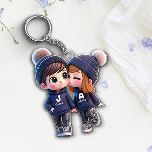 3D Effect Cute Cartoon Couple Walking Personalized Acrylic Keychain,  Gift for Him, Gift for Her