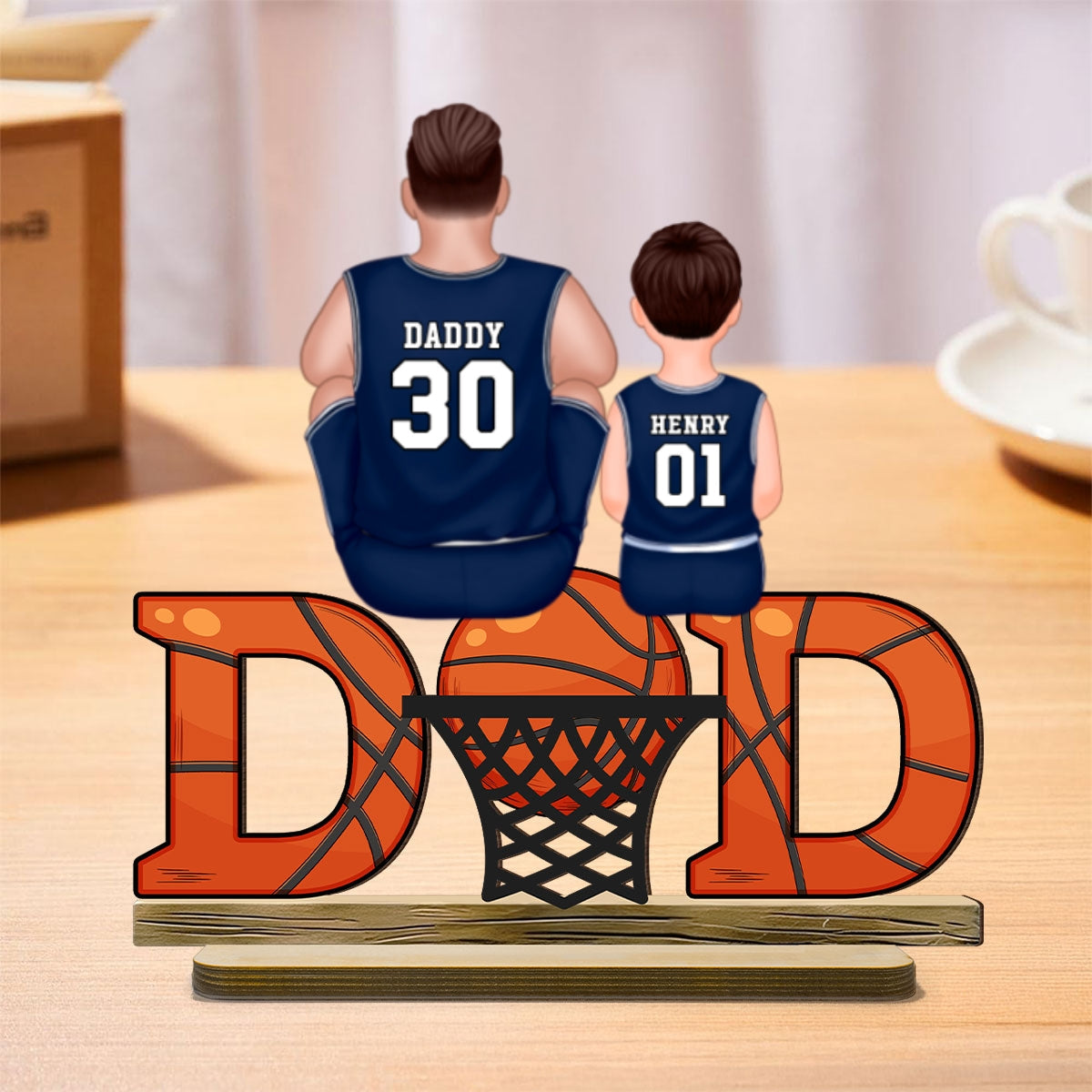 Basketball Dad & Kids Personalized 2-Layer Standing Wooden Plaque, Father’s Day Gift for Dads, Gift for Husband