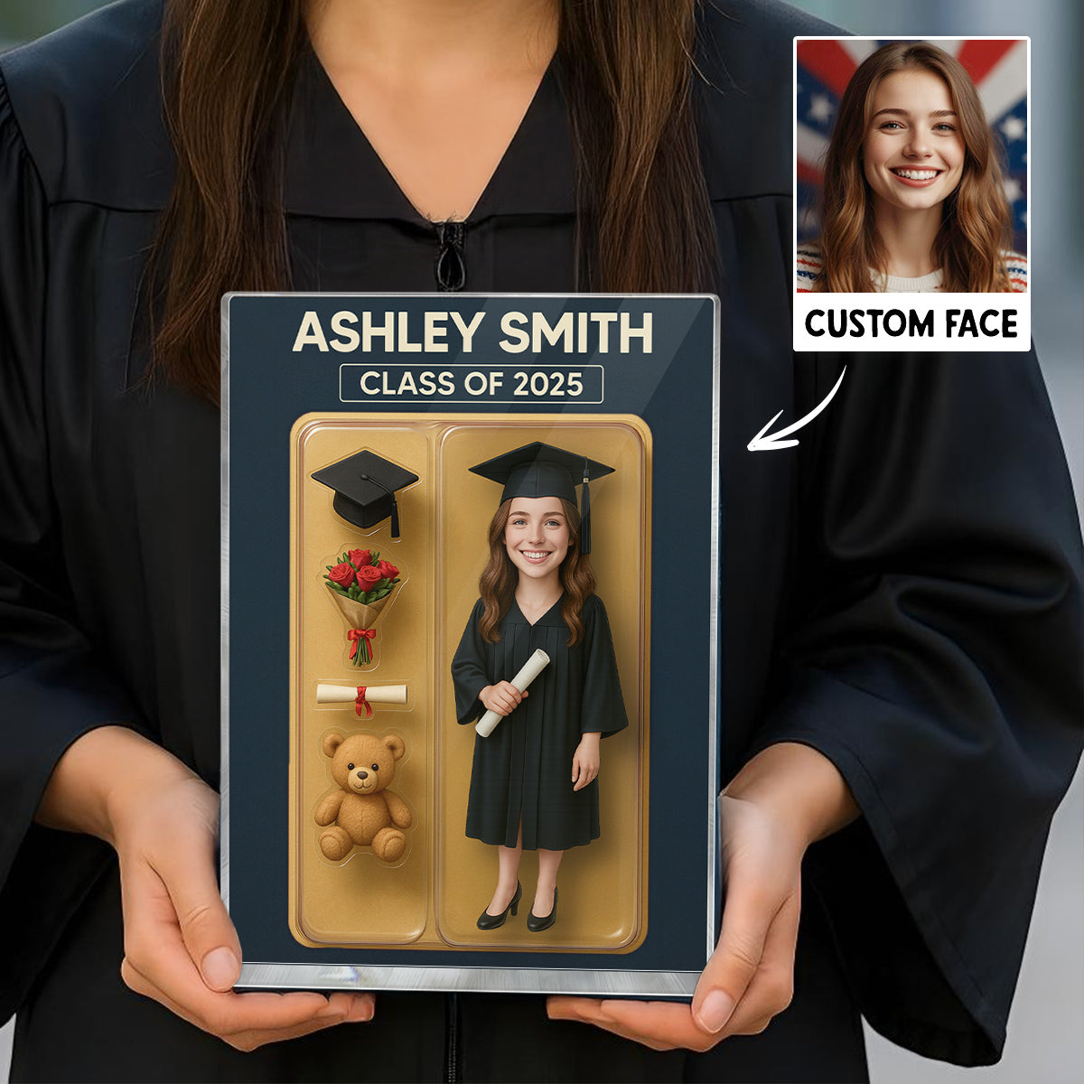 [FEMALE version ONLY] - 3D Effect Graduation Custom Figure Personalized Flat Rectangle Acrylic Block Plaque, Unique Keepsake, Graduation Gift