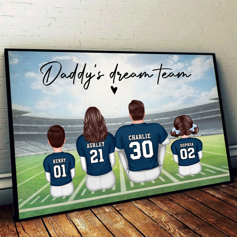 Daddy's Team Football Family Sitting Back View Personalized Poster, Father's Day Gift
