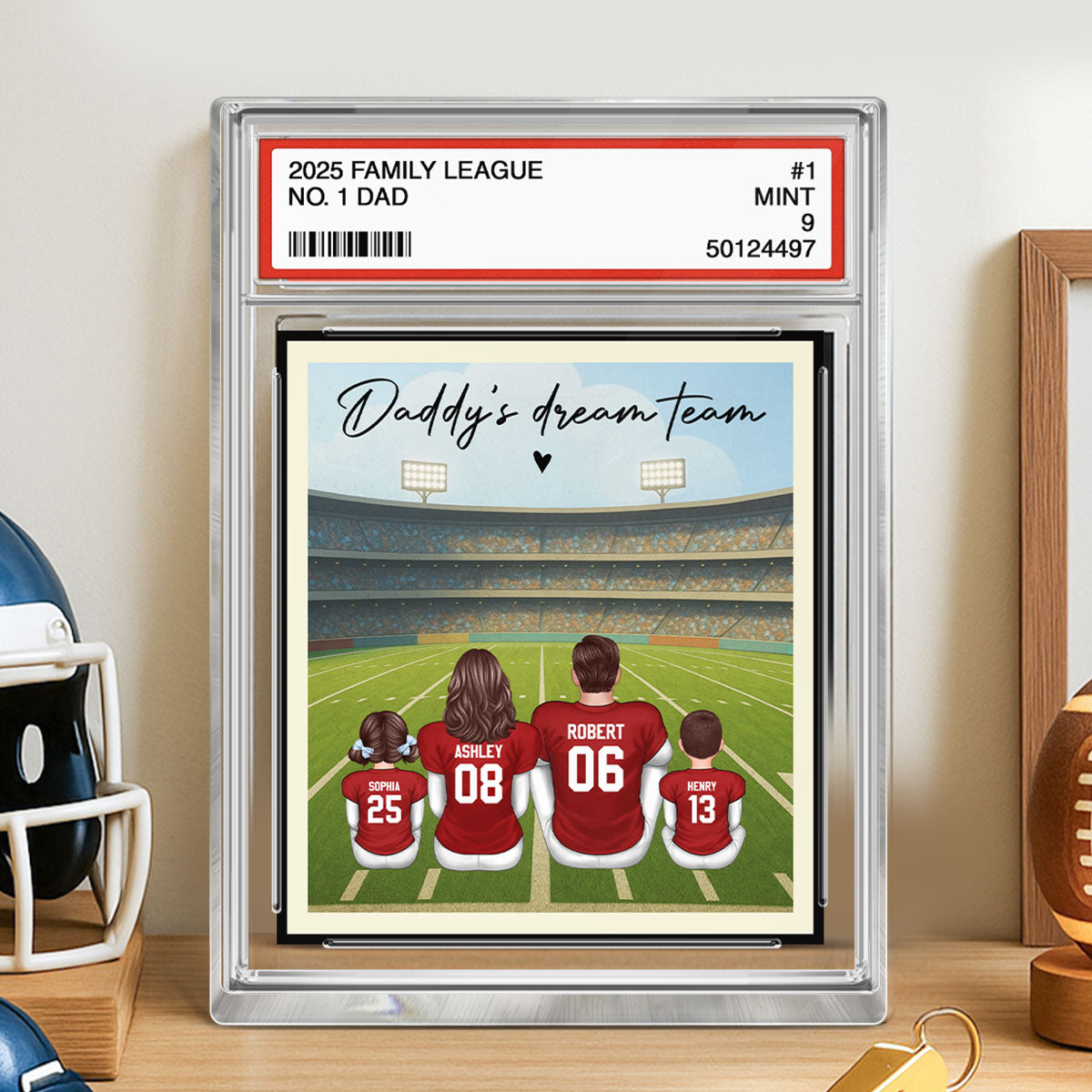 American Football Daddy's Dream Team No. 1 Dad Man & Kids Sitting Trading Card Style Personalized Acrylic Block Plaque