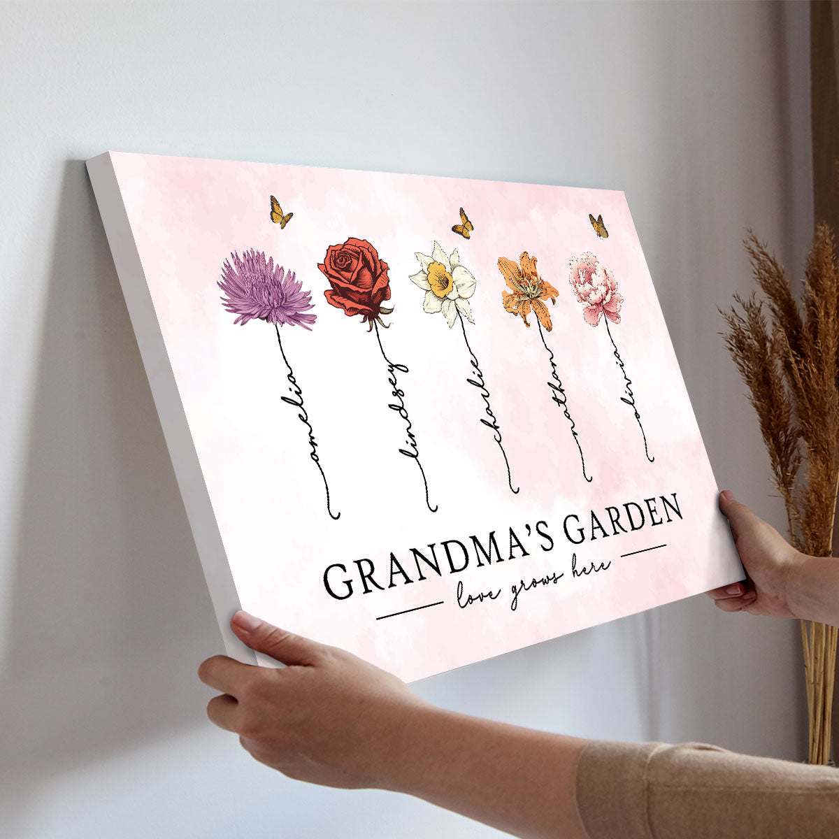 Grandma‘s Garden Love Grows Here Beautiful Birth Month Flower Gift For Grandma Mom Personalized Canvas