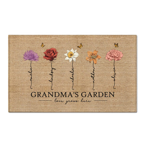 Grandma‘s Garden Love Grows Here Vintage Birth Flower Swirl Name Personalized Doormat, Gift For Her, Grandma, Mom