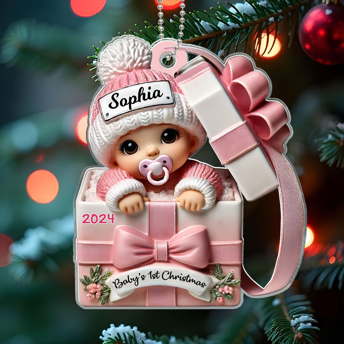 Baby Inside Gift Box 3D Effect Personalized Acrylic Ornament, Lovely Keepsake to Celebrate Little Miracle, Christmas in July
