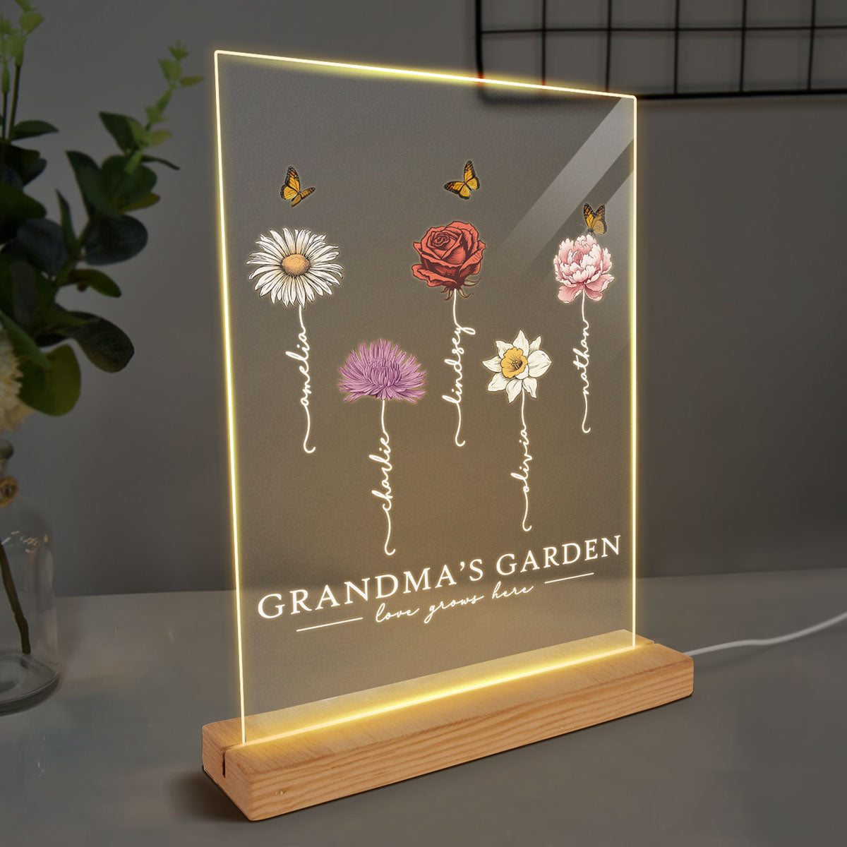 Grandma‘s Garden Love Grows Here Beautiful Birth Month Flower Gift For Grandma Mom Personalized Acrylic Plaque With LED Night Light